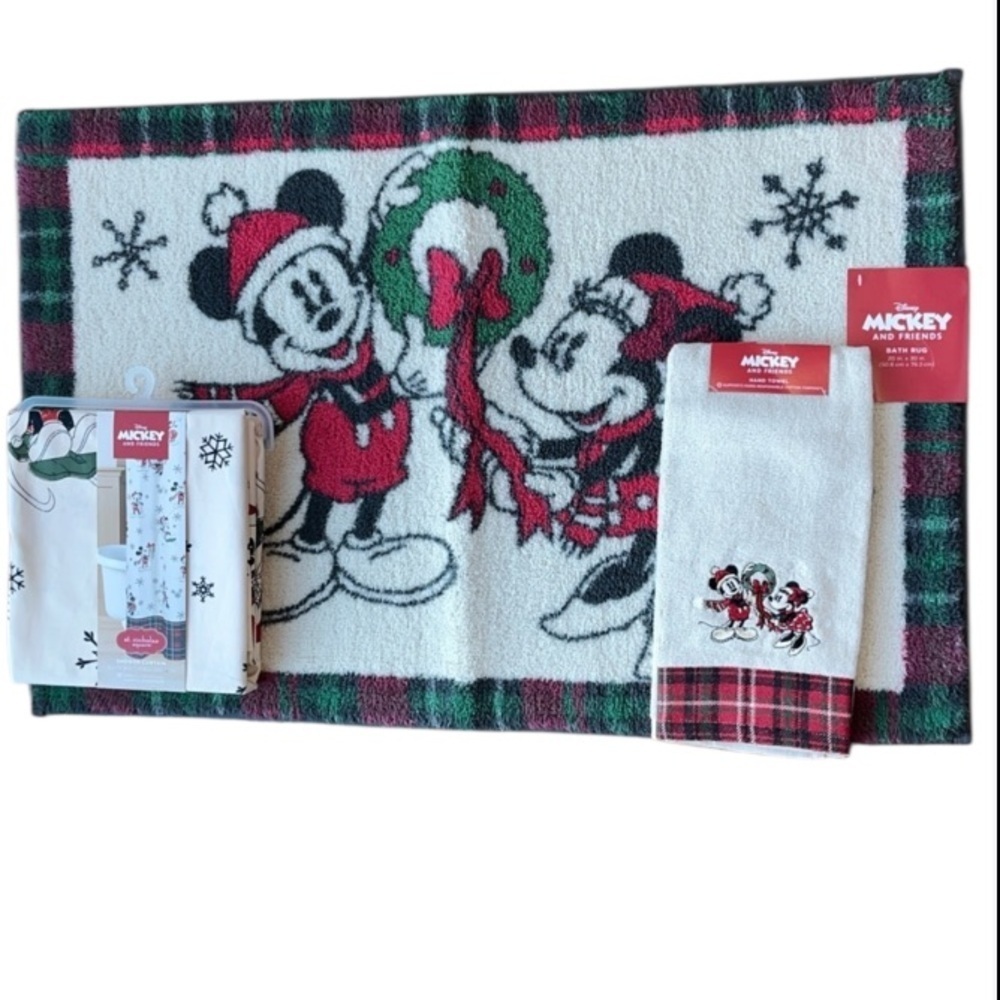 🆕 DISNEY Mickey and Minnie Shower Curtain Bath Rug  Hand Towel Bathroom Set